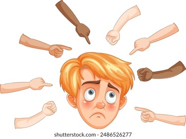 Sad boy surrounded by pointing fingers
