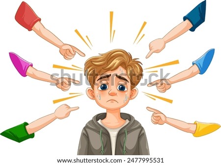 Sad boy surrounded by pointing fingers