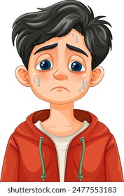 A sad boy with sweat drops on face