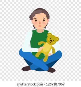 Sad boy with teddy bear icon. Flat illustration of sad boy with teddy bear vector icon for web design