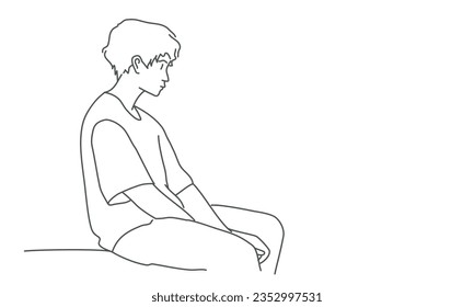Sad boy teenager sitting alone. Hand drawn vector illustration. Black and white.
