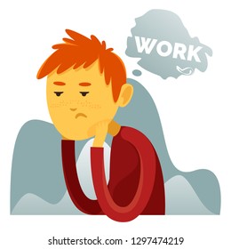 The sad boy thinking about work. Vector carton illustration. Character design. 