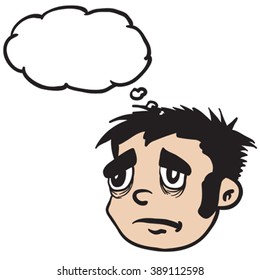 sad boy with thought bubble cartoon