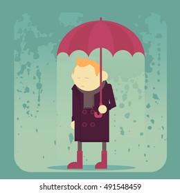 Sad boy under umbrella. Man in rain. Guy and rainy weather. Flat vector illustration.