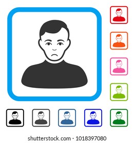 Sad Boy vector icon. Person face has pitiful mood. Black, gray, green, blue, red, pink color variants of boy symbol inside a rounded frame.