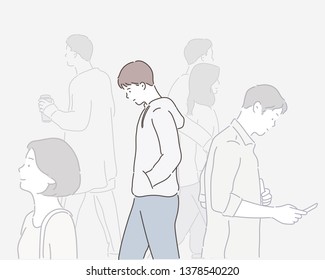 Sad boy walking on the street. Hand drawn style vector design illustrations.