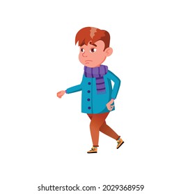 sad boy walking in snowy forest cartoon vector. sad boy walking in snowy forest character. isolated flat cartoon illustration