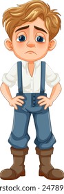 A sad boy wearing blue overalls