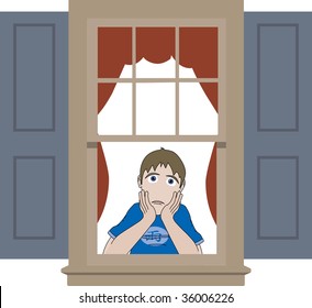 Sad boy in window sill with hands around chin