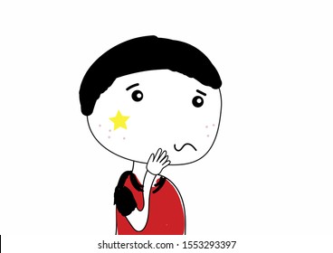 sad boy with yellow star on his face abstract doodle cartoon design vector eps.10