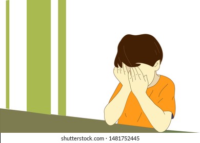 Sad boy,Depressed boy looking lonely .Illustration of a sad child, helpless, bullying. Violence against a child at home and at schoos. Stock vector illustration