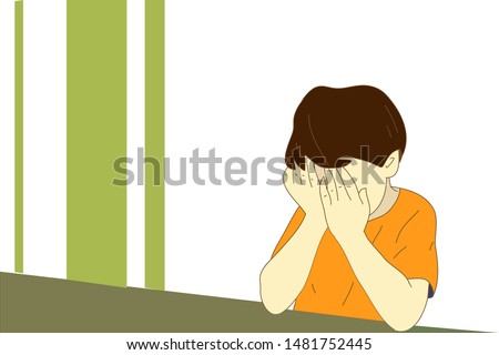 Sad boy,Depressed boy looking lonely .Illustration of a sad child, helpless, bullying. Violence against a child at home and at schoos. Stock vector illustration