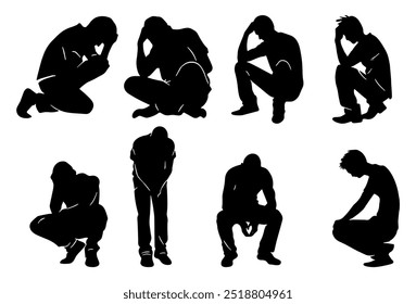 Silhueta dos Meninos Tristes. Ilustração de vetor plano