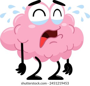 Sad Brain Cartoon Character Crying With Tears. Vector Illustration Flat Design Isolated On Transparent Background