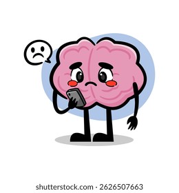 Sad Brain Character Looking at Smartphone Screen. Cute Brain Mascot Feeling Down and Emotional