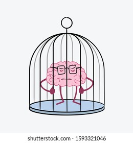 Sad brain which is with depression, inefficient and tired, standing in a hostage in prison metal cage. Modern vector style illustration flat design cartoon character. Icon poster infographic vector