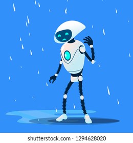 Sad Brocken Robot On Rain Vector. Isolated Illustration