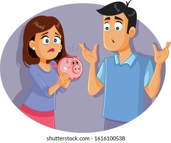 Sad Broke Husband And Wife Having Holding Piggy Bank. Young Family Having Money Problem And No Savings
