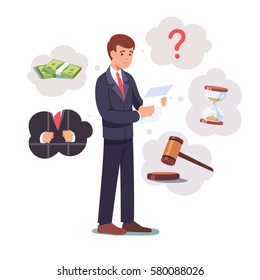 Sad broken businessman standing with legal paper or bill in hands. Afraid of sentence or prosecution due to business debts or braking law. Crisis & bankruptcy concept. Flat style vector illustration.