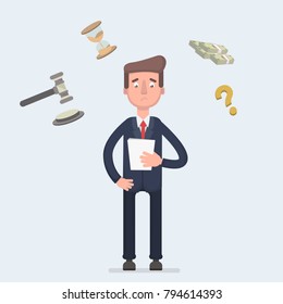 Sad broken businessman standing with legal paper or bill in hands. Afraid of sentence or prosecution due to business debts or braking law. Crisis bankruptcy concept.Vector flat cartoon illustration.