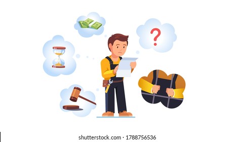 Sad broken contractor worker man with legal paper or bill in hands. Fear of sentence, prosecution due to bank debts, breaking law. Crisis bankruptcy, financial issues concept. Flat vector illustration