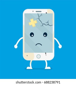 Sad broken with cracks and scratches dirty smartphone mobile phone.Vector flat cartoon illustration character icon.Isolated on white background.Repair broke sad smartphones,cellphone,cell  concept
