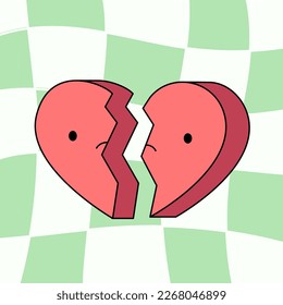 Sad broken heart cartoon character. Groovy sticker in trendy retro style. Nostalgia for the 90s.