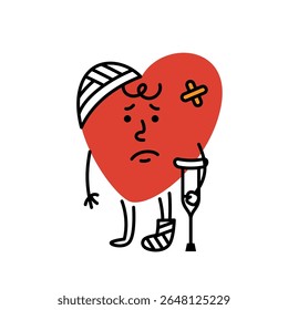 Mão machucada, triste, com uma bandagem na cabeça, gesso na perna e muleta. Mascote de desenhos animados para campanhas de saúde, promoção, materiais educativos. Traçado editável
