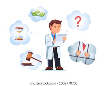 Sad broken medical worker doctor man with legal paper or bill in hands. Fear of sentence, prosecution due to bank debts, breaking law. Crisis bankruptcy issues. Flat vector concept illustration