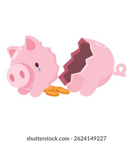 Triste cofrinho quebrado com poucas moedas restantes, ilustrando dificuldades econômicas, perda de poupança e crise financeira
