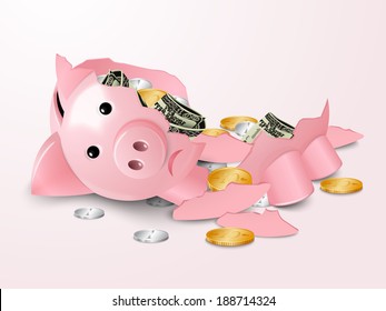 Sad broken piggy bank money safe box with dollar banknotes and coins concept vector illustration