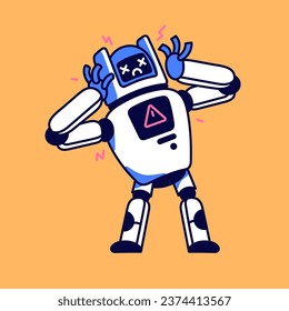 Sad broken robot with warning symbol. Program bug, technical mistake, critical failure, online connection error, server problems. Maintenance support service bot. Flat isolated vector illustration