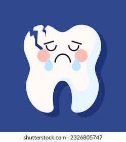 Sad broken teeth sticker concept. Emotions and feelings. Poster or banner for website. Caries and oral illness. Healthcare and treatment. Cartoon flat vector illustration isolated on blue background