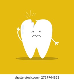 Triste caráter de dente quebrado com rachadura para ilustrar dor dentária e necessidade de tratamento estomatológico profissional.