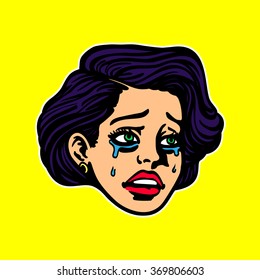 Sad broken-hearted crying girl face sobbing pop art vintage cartoon style vector illustration