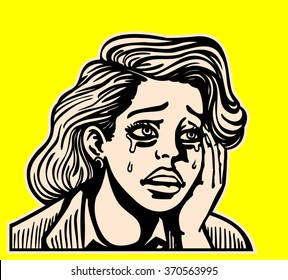 Sad broken-hearted girl crying and sobbing face pop art vintage comic book style vector illustration