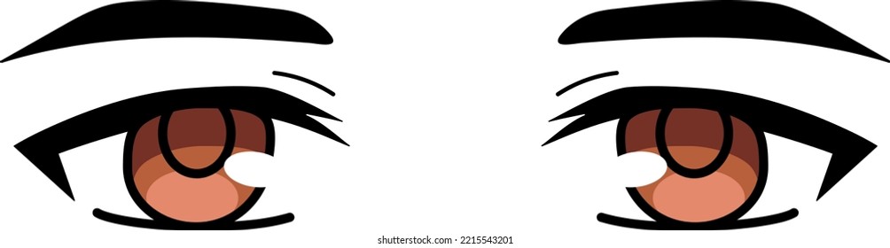 Sad Brown Anime Boy Eyes Vector Illustration On White Background. Cute Kawaii Big Hand Drawn Manga Cartoon Japanese Style Eyes. Simple Retro Eyes For Drawing, Print, Poster, Cards, Stickers. 