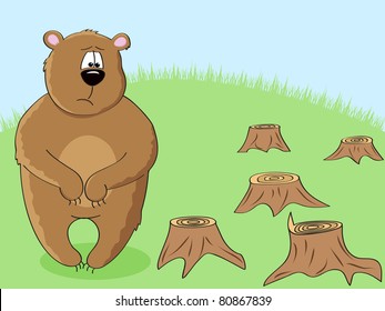 a sad brown bear looking at stumps after forest cutting down