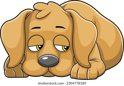 Sad Brown Dog Cartoon Character Lying. Vector Hand Drawn Illustration Isolated On Transparent Background