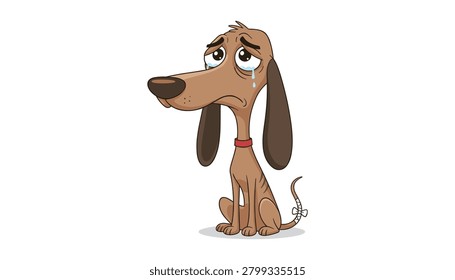 Sad brown dog crying with tears, a cute cartoon illustration of a sad brown