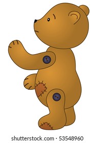 Sad brown patched teddy-bear standing with the lifted paw