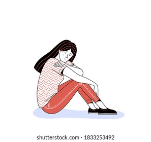 Sad brunette young lady character sitting alone on white background as illustration of mental disorder psychotherapy loneliness and depression