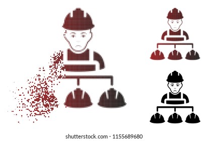 Sad builder management icon in dissolved, dotted halftone and undamaged entire variants. Cells are combined into vector dissipated builder management icon. Person face has stress emotions.