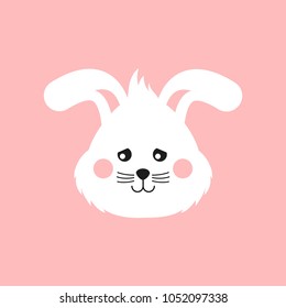 Sad bunny face. Cute bunny emotions. Easter rabbit flat icon. Childish print for fabric, t-shirt, poster, card, baby shower. Vector Illustrtion