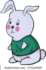 Sad bunny in green shirt , illustration, vector on white background