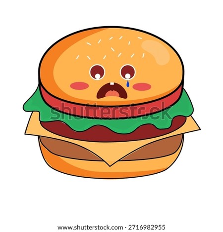Sad burger character with tears, a whimsical food icon, perfect for expressing disappointment or food cravings humorously in social media and more