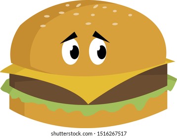 Sad burger, illustration, vector on white background.