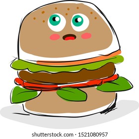 Trauriger Burger, Illustration, Vektorgrafik auf weißem Hintergrund.