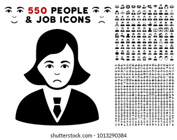 Sad Business Lady pictograph with 550 bonus pity and glad men symbols. Vector illustration style is flat black iconic symbols.