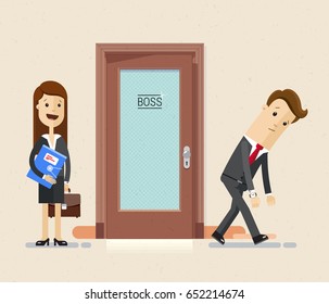 Sad Business Man Leaves His Office, He Was Laid Off. And  Woman Was Appointed Boss Instead Of Businessman.  Vector, Flat, Illustration.